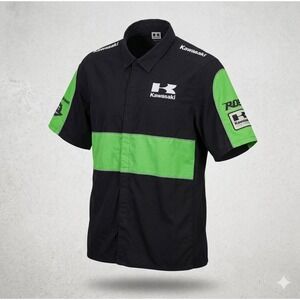 Kawasaki Logo ROK Men's Black & Green Short Sleeve Mechanic Shirt. Size XL